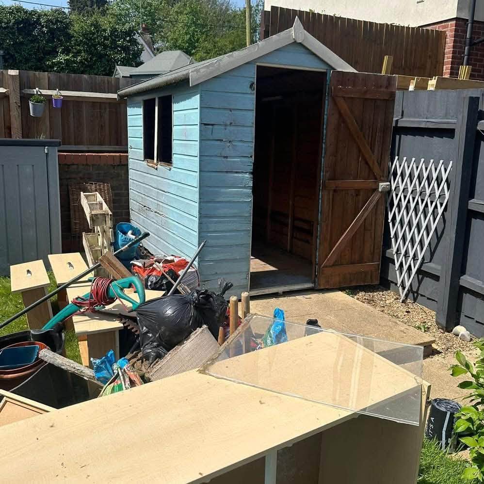 Garden shed before clearance, surrounded by waste